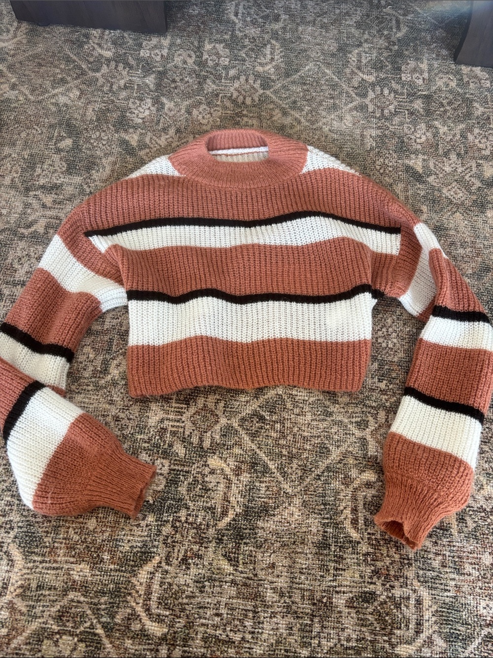 Girls Striped Cropped Knit Sweater - Rust & Cream
